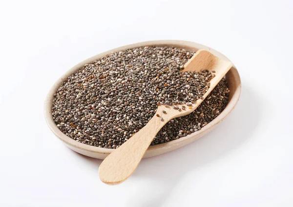 Bowl Healthy Chia Seeds Wooden Scoop White Background — Stock Photo, Image