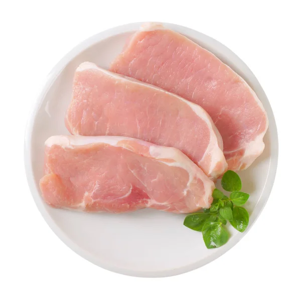 Raw Boneless Pork Chops White Plate — Stock Photo, Image