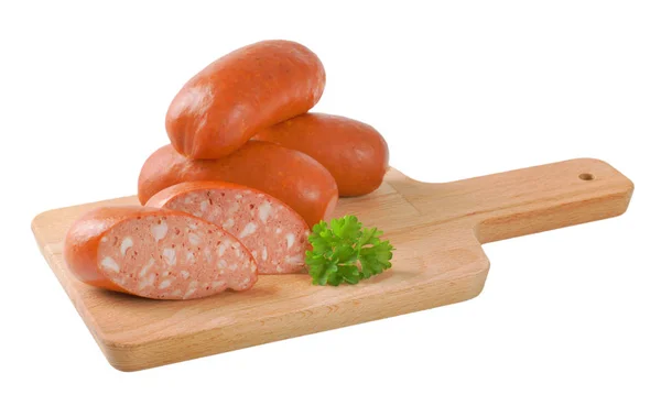 Whole Sliced Short Sausages Wooden Cutting Board — Stock Photo, Image