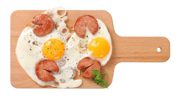 Fried Eggs Sliced Sausage Wooden Cutting Board — Stock Photo, Image