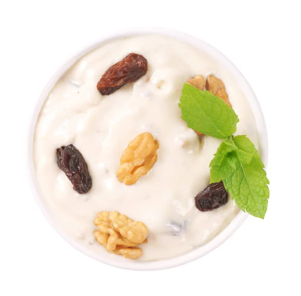 Bowl Cream Cheese Nuts Raisins White Background — Stock Photo, Image