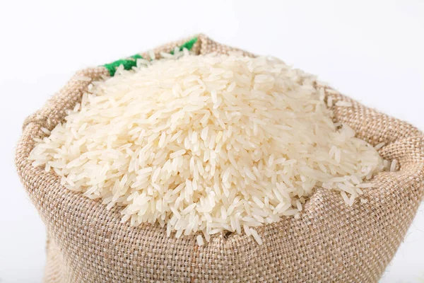 Saco Cheio Arroz Grão Longo Branco Close — Fotografia de Stock