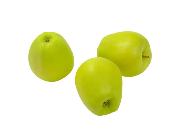 Tre Gröna Äpplen Vit Trä Bakgrund — Stockfoto