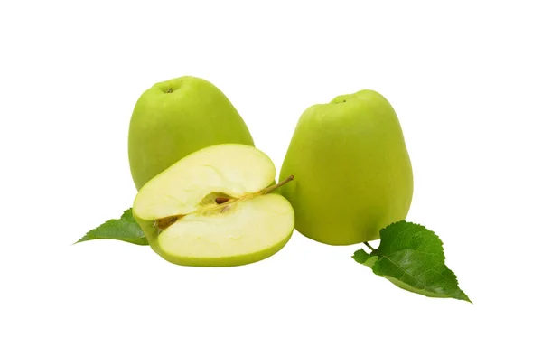 Two Half Green Apples White Wooden Background — Stock Photo, Image