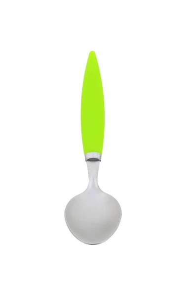 Empty Teaspoon Green Plastic Handle White Background — Stock Photo, Image