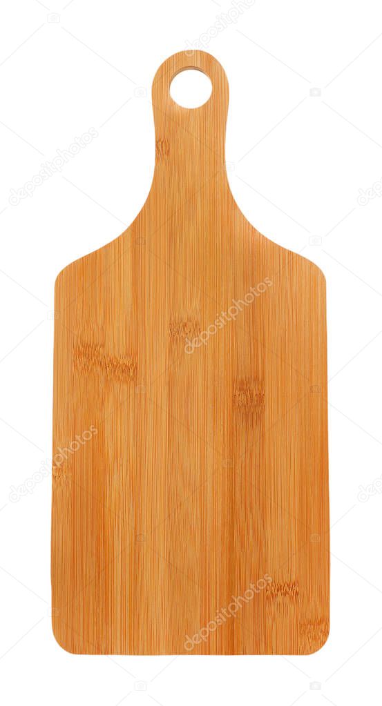 wooden cutting board with handle on white background