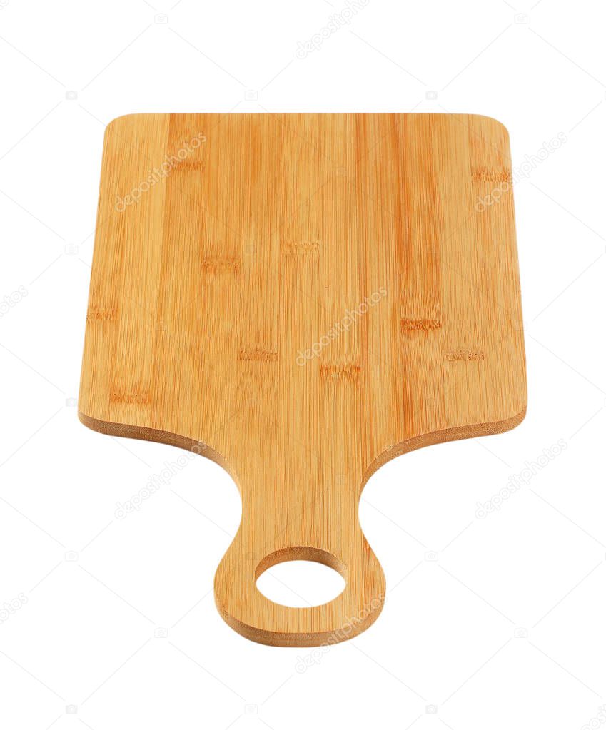 wooden cutting board with handle on white background