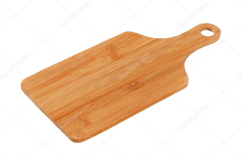 wooden cutting board with handle on white background