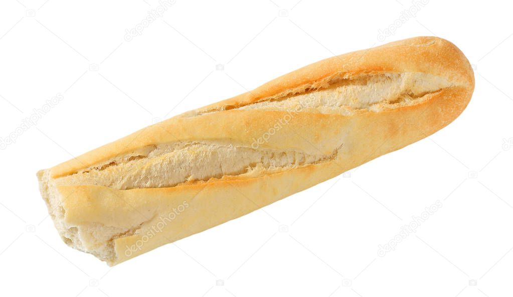 half of French baguette on white background