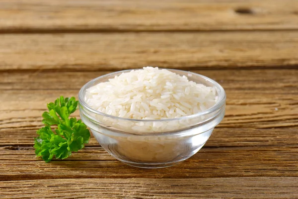 Rice Bowl Wooden Background — Stock Photo, Image