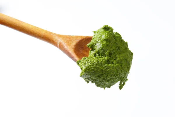 Spinach Puree Wooden Spoon — Stock Photo, Image