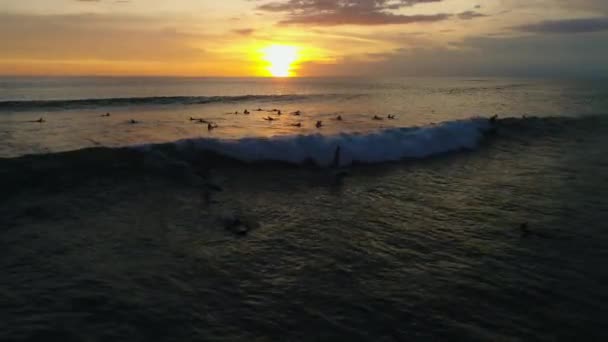 Océan. Les gens. Surfer. De l'eau. La nature. Au lever du soleil. Des antennes. 4k. Un drone — Video