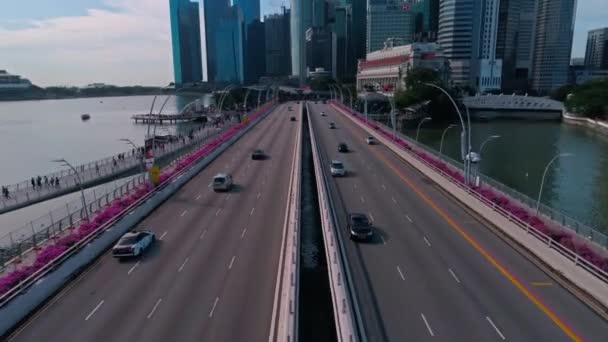 Singapore. Strada. La macchina. Autostrada. Grattacielo. In città. Affari. Tecnologia. Il futuro. Aerials. 4k. Drone — Video Stock