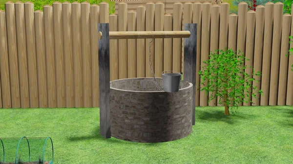 Stone well old in green garden 3d illustration