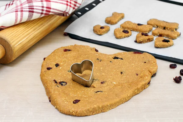 Pâte à biscuits pour chien à base de canneberges, en forme de coeur avec cœur — Photo