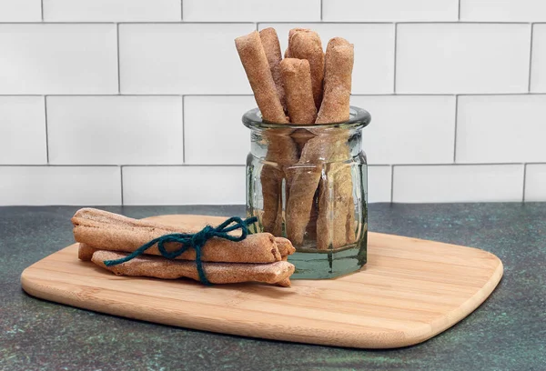 Stick Shaped Dog Cookies Upright Glass Jar Two Tied Side — Stock Photo, Image