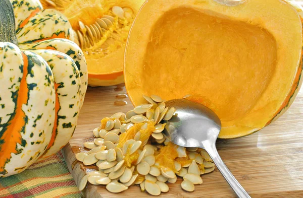 Carnival Winter Squash Cut Whole Being Prepared Cook Close Selective — Stock Photo, Image