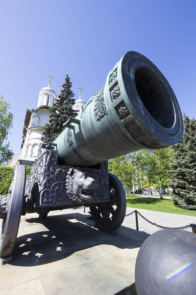 MOSCOW, RUSSIA  MAY 11, 2018: Inside of Moscow Kremlin, Russia (day).  The Tsar Cannon