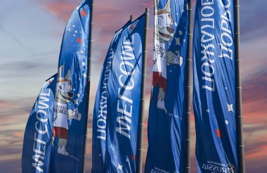 Moskova, Rusya June15, 2018: bayraklar 2018 Rusya'nın Dünya Kupası onuruna hoş geldiniz