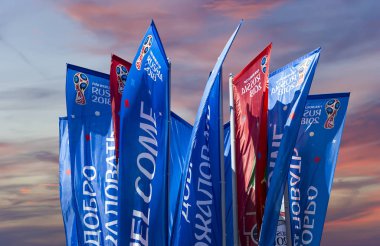 Moskova, Rusya June15, 2018: bayraklar 2018 Rusya'nın Dünya Kupası onuruna hoş geldiniz