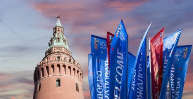 Moskova, Rusya June15, 2018: bayraklar 2018 Rusya'nın Dünya Kupası onuruna hoş geldiniz