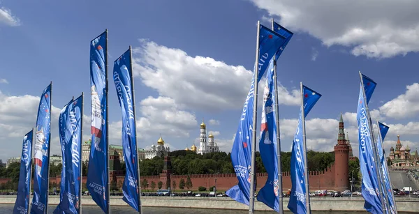 Moskau Russland 2018 Willkommensfahnen Auf Moskauer Straßen Ehren Der Fußball — Stockfoto