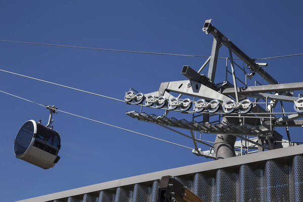MOSCOW, RUSSIA  AUGUST 10, 2018: The cable car (cableway) on Vorobyovy Gory-- is a cable car, which is being built in Moscow on the territory of the historical localities "Vorobyovy Gory" and "Luzhniki", Russia 