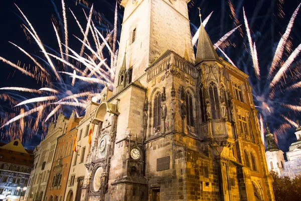 Altes Rathaus Und Feiertagsfeuerwerk Prag Tschechische Republik — Stockfoto