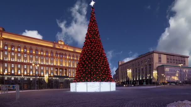 Decoratie Van Kerstmis Nieuwjaars Vakantie Lubyanskaya Lubyanka Plein Avond Moskou — Stockvideo