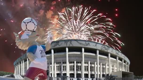 Moscú Rusia Agosto 2018 Fuegos Artificiales Sobre Mascota Oficial Copa — Vídeos de Stock