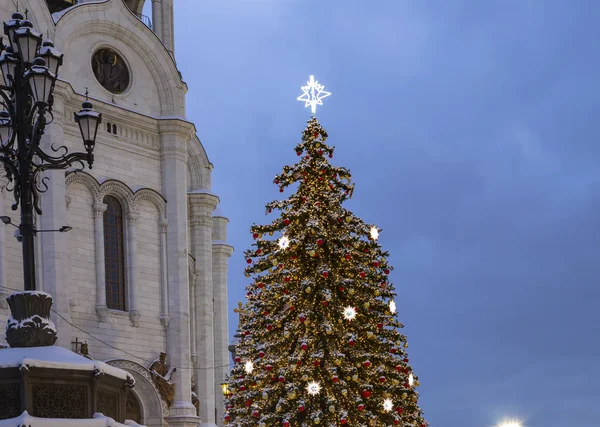 Christmas (yeni yıl tatilleri) dekorasyon (gece), Moskova'da Rusya--Mesih İsa Katedrali yakınındaki   