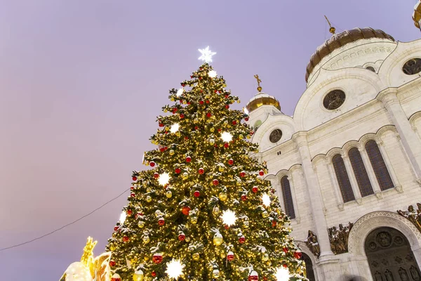 Christmas (yeni yıl tatilleri) dekorasyon (gece), Moskova'da Rusya--Mesih İsa Katedrali yakınındaki   