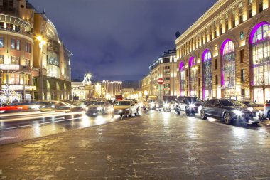 Christmas (New Year holidays) decoration in Moscow (at night), Russia. Traffic cars in the center near the Kremlin