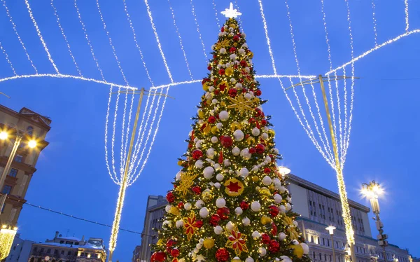 Christmas New Year Holidays Decoration Moscow Night Russia Lubyanskaya Lubyanka — Stock Photo, Image