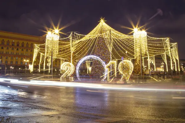 Decoratie Van Kerstmis Nieuwjaars Vakantie Moskou Bij Nacht Rusland Lubyanskaya — Stockfoto