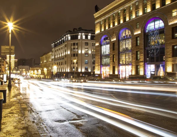 Juldekoration Nyårshelgen Moskva Natten Ryssland Trafik Bilar Centrum Nära Kreml — Stockfoto