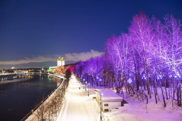 Christmas (New Year holidays) decoration in Moscow (at night), Russia-- Andreevskaya (Andreevsky) embankment   