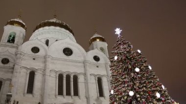 Christmas (yeni yıl tatilleri) dekorasyon (gece), Moskova'da Rusya--Mesih İsa Katedrali yakınındaki 