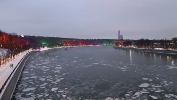 Kerstdecoratie Nieuwjaars Vakantie Moskou Nachts Rusland Vorobyovskaya Dijk Van Rivier — Stockvideo