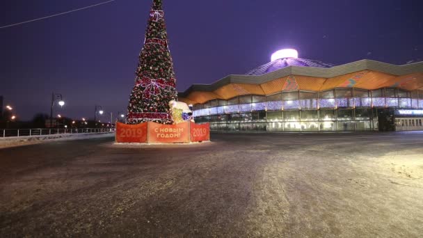 Kerstdecoratie Nieuwjaars Vakantie Moskou Nachts Rusland Buurt Van Grote Circus — Stockvideo