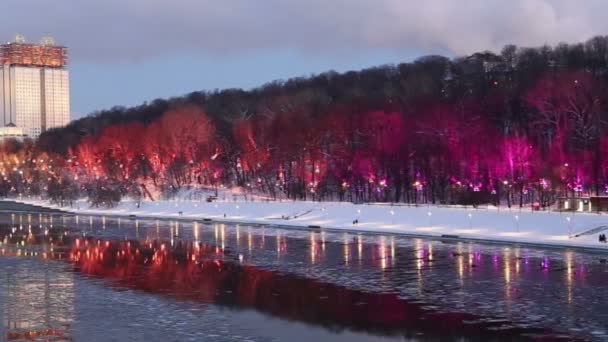 Juldekoration Nyårshelgen Moskva Natten Ryssland Andreevskaya Andreevsky Banvallen — Stockvideo