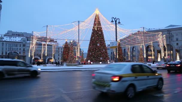 Moskva Ryssland Januari 2019 Nyårshelgen Juldekoration Moskva Natten Ryssland Trafik — Stockvideo