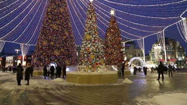Moskau Russland Januar 2019 Weihnachtsdekoration Moskau Nachts Russland Lubyanskaja Lubyanka — Stockvideo