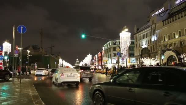 Moskva Ryssland Januari 2019 Nyårshelgen Juldekoration Moskva Natten Ryssland Trafik — Stockvideo