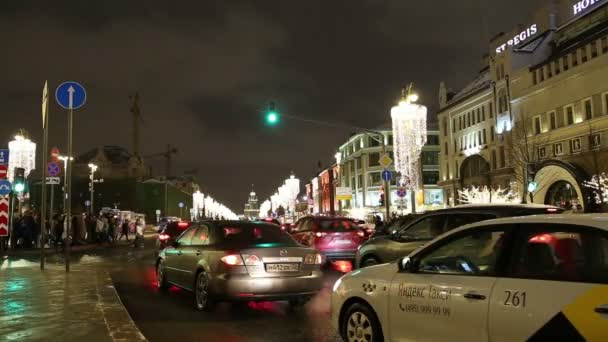 Moskau Russland Januar 2019 Weihnachtsdekoration Moskau Nachts Russland Autos Zentrum — Stockvideo