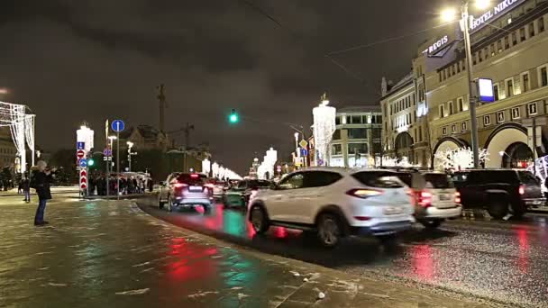 Moskva Ryssland Januari 2019 Nyårshelgen Juldekoration Moskva Natten Ryssland Trafik — Stockvideo