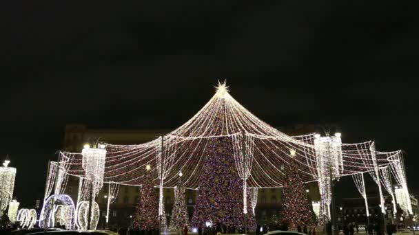 Juldekoration Nyårshelgen Moskva Natten Ryssland Lubyanskaya Lubyanka Square — Stockvideo