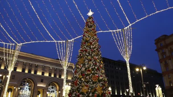 Διακόσμηση Χριστουγέννων Νέο Έτος Διακοπές Στη Μόσχα Νύχτα Ρωσία Πλατεία — Αρχείο Βίντεο