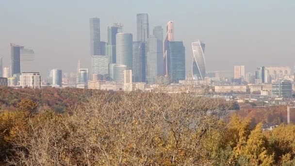 Widok Miasta Kompleksu Wieżowców Moscow City Wzgórza Worobiowe Lub Worobiowy — Wideo stockowe