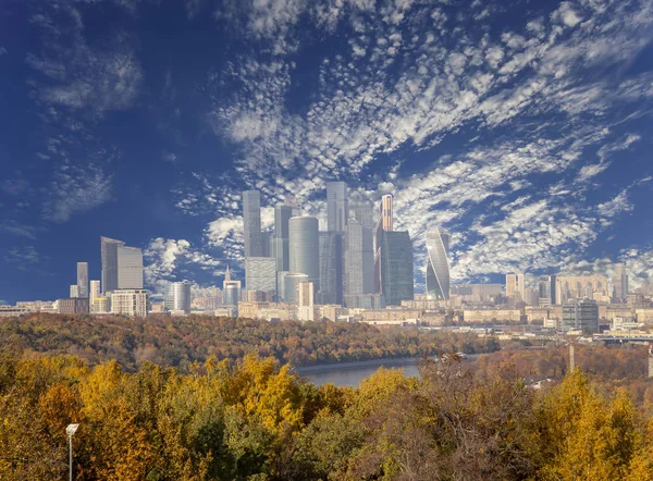 Pohled Město Komplexu Mrakodrapů Moscow City Vrabčích Hor Nebo Vorobjovy — Stock fotografie